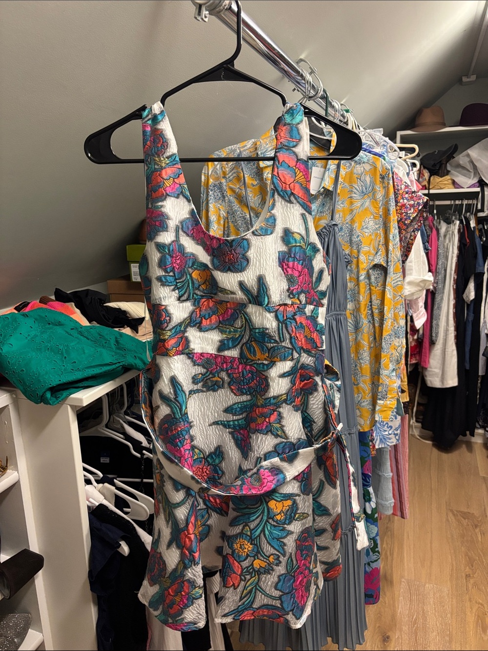 TCEC White Mini Dress with Pink, Teal & Yellow Floral Print